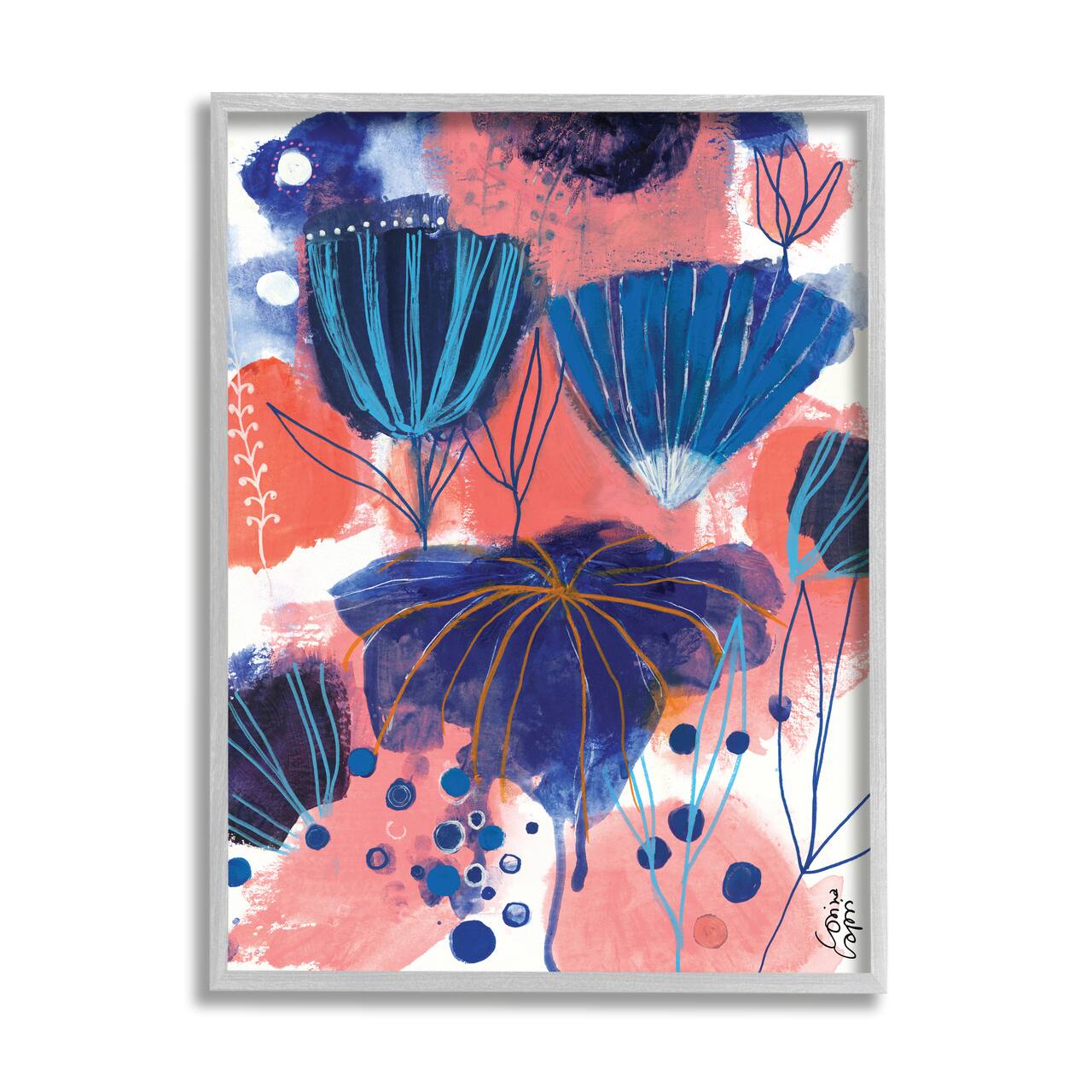 Stupell Industries Blue Orange Pink Blooming Playful Abstract Flowers Framed Wall Art